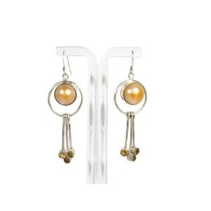 Modernist Pearl Dangling Earring Set Colored Glass Stones Sterling Silver